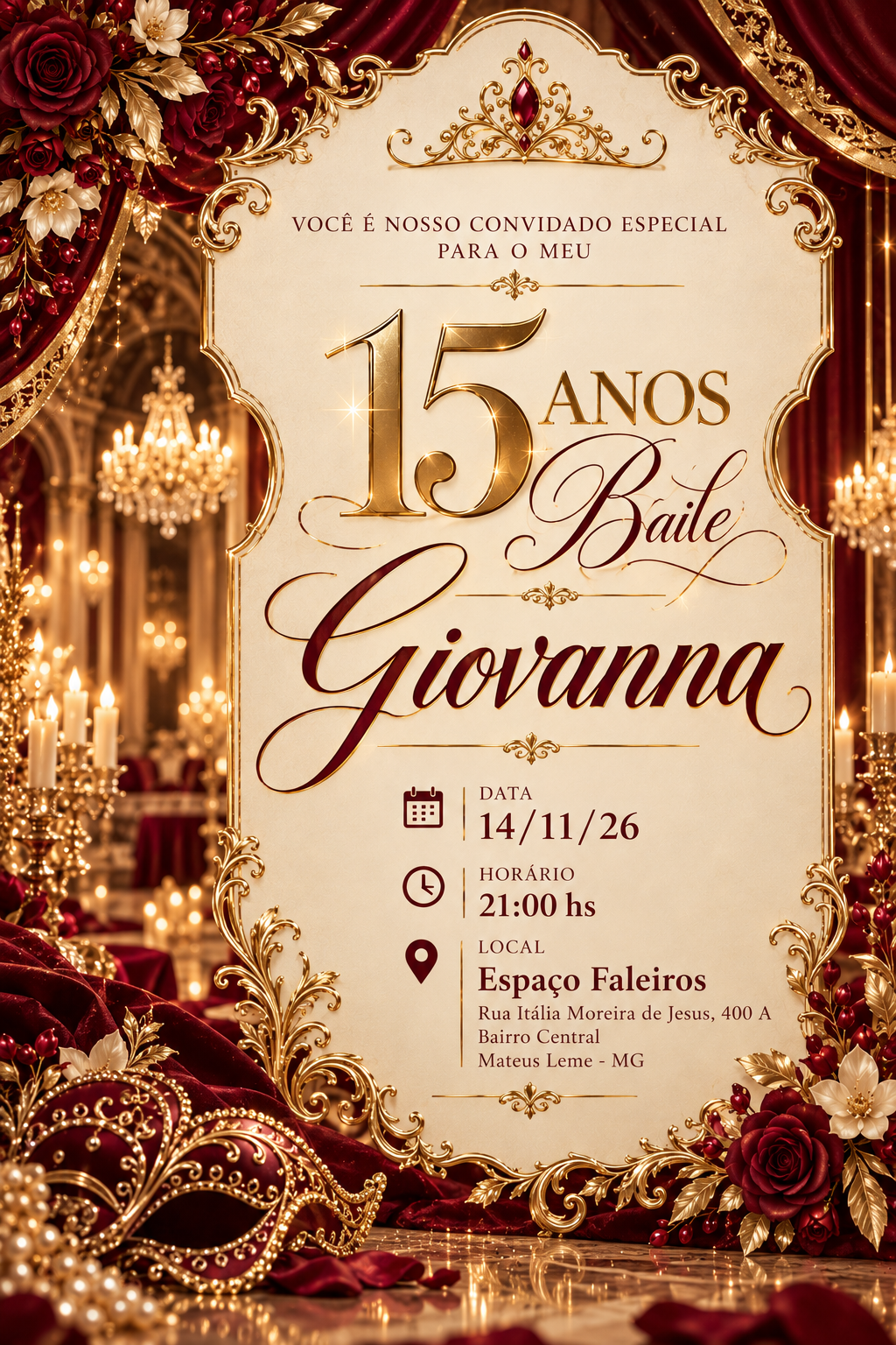Giovanna, 15 anos, baile em 14 de novembro de 2026, às 21 horas, Espaço Faleiros, Rua Itália Moreira de Jesus, 400 A, Bairro Central, Mateus Leme, MG